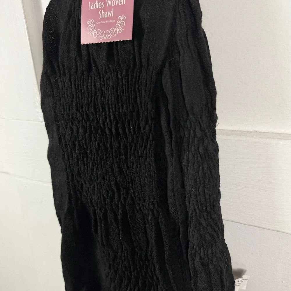 Woven Black Shawl Scarf Crinkle‎ Texture Fringe One Size